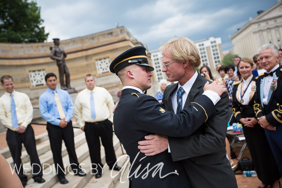 Father of Bride and groom have a moment at Soldiers and Sailors wedding